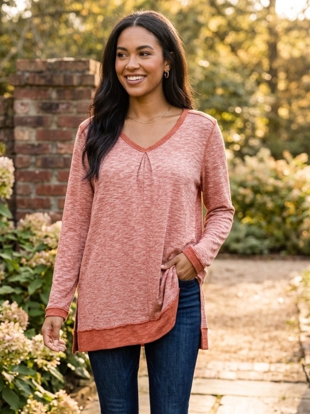 Umgee | Long Sleeve Burnt Orange Tunic Top with Raw Hem | Sz L